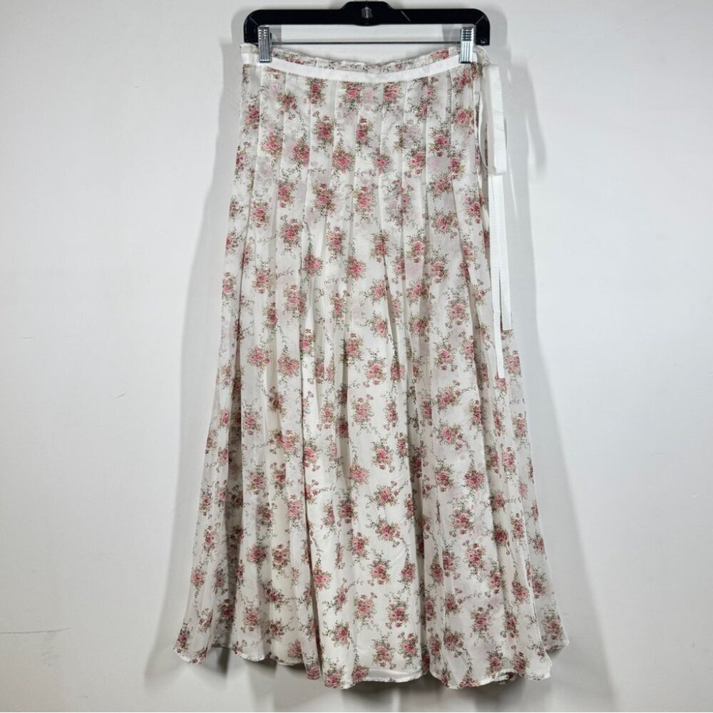 Frime White Floral Pleated Midi Skirt Size L Romantic Cottagecore Flowy Vintage - Picture 2 of 13